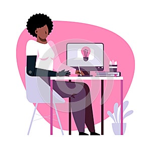 A vector image of a student with a prothesis while the remote study