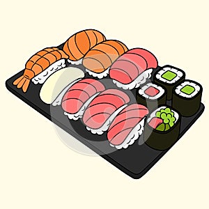 Vector Illustration of Sushi and Sashimi on a Black Plate