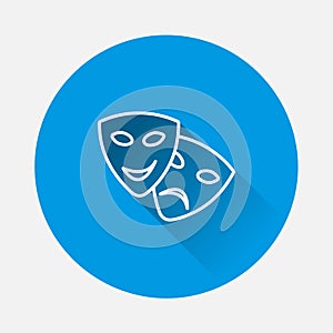 Vector Image Theatrical face mask. Drama and comedy, laughter and crying on blue background. Flat image with long shadow