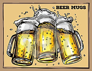 Vector image of three mugs of beer