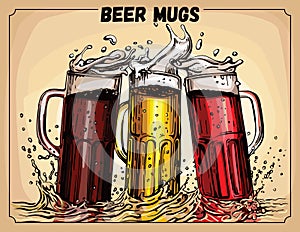 Vector image of three mugs of beer.