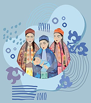 Vector image of three young women with a newborn baby in a Kazakh national costume photo