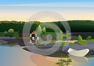 Vector image of tranquil landscape with remote house dock and sailing boat on shore of lake in green nature.