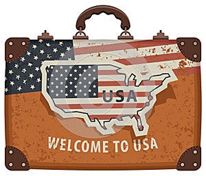 Vector image of a travel bag with map and flag of USA