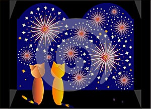 Vector image of two ginger kittens sitting on the windowsill and watching the fireworks on a blue sky background.