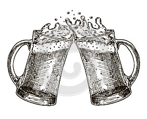 Vector image of two mugs of beer. Drinks with a lot of foam. Two hand drawn clinking beer mugs with foam