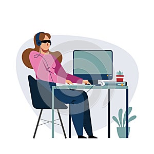 A vector image of an unseeing student while the remote study