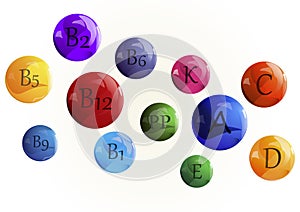 Vector image. Vitamins set. Vitamin A Retinol B complex C Ascorbic acid D, E, K , PP photo