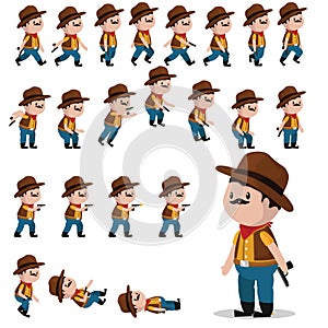 Cowboy character sprites for games. Animation cowboy walks, falls, jumps, shoots.