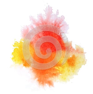 Vector image of the watercolor blot isolated on the white background with the orange,red, pink and yellow colors. Watercolor abstr