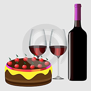 Vector image of wine glasses, a bottle of red wine and a cake with cherries