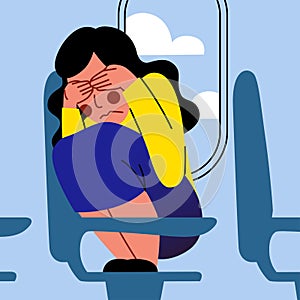A vector image of a woman in the airplane having an aerophobia.