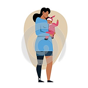 A vector image of a woman with an arm prosthetics holding a baby. Disabled theme image