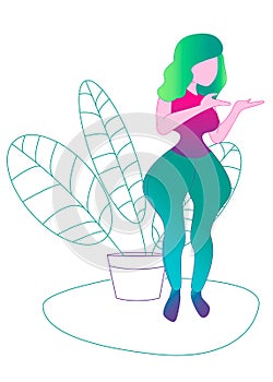 Vector image of woman with flowerpot pointing to something