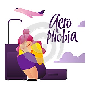 A vector image of a woman having an aerophobia.