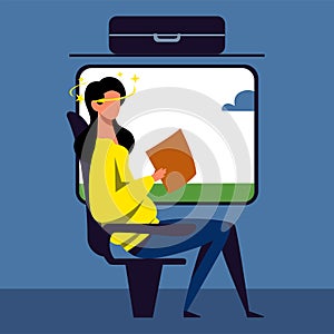 A vector image of a woman in the transport with motion sickness and dizziness.