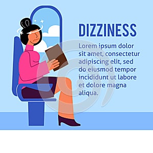 A vector image of a woman in the transport with motion sickness and dizziness. A color image for a travel poster, flyer