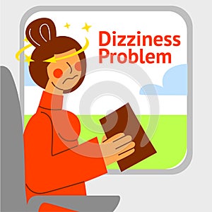 A vector image of a woman in the transport with motion sickness and dizziness. A color image for a travel poster, flyer