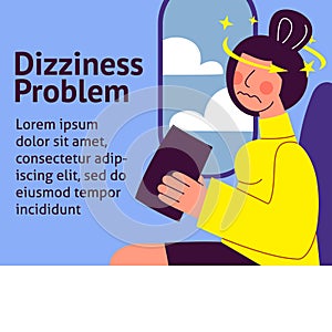 A vector image of a woman in the transport with motion sickness and dizziness. A color image for a travel poster, flyer