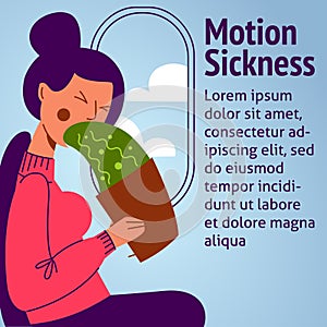 A vector image of a woman in the transport with motion sickness and dizziness. A color image for a travel poster, flyer