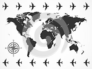 Vector image world map with aircraft and compass.