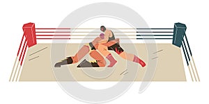 Vector image of wrestling wrestlers in a duel in the ring, demonstrating the techniques of freestyle and Greco-Roman