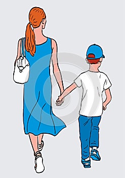Vector image of yong mother and her little son walking on a stroll together