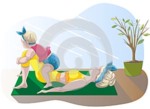 Vector image of a young mother with a baby doing household chores. Concept. Housewife plays sports with a child