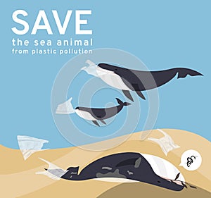 Vector images reflect current social problems, Marine pollution Whales eat plastic bags and garbage in the sea, causing many anima