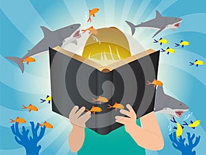 Vector imagination concept children reading book