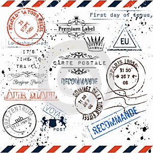 Vector imitation of vintage post stamps Paris, voyage travel voc photo