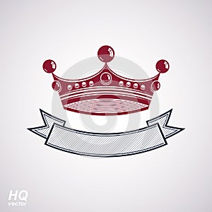 Vector imperial crown with undulate ribbon. Classic coronet with photo