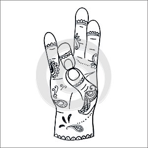 Vector Indian Prithivi Mudra mudra positions of hands and fingers outline insignia badges collection