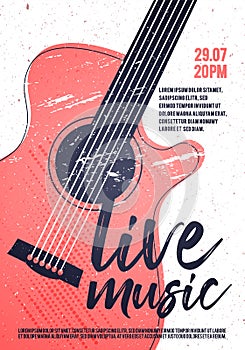 Vector Indie Rock Live Music Poster Template With Acoustic Guitar. Festival Pop Punk Design.