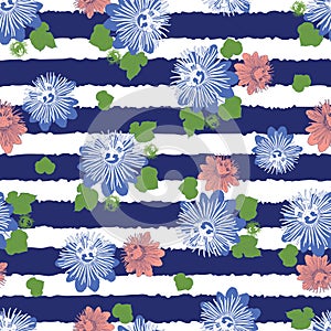 Vector indigo blue stripes seamless pattern with leaves and wild flower. Suitable for textile, gift wrap and wallpaper.
