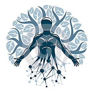 Vector individual, mystic character made with wireframe mesh connections and eco tree leaves. Human, science and ecology
