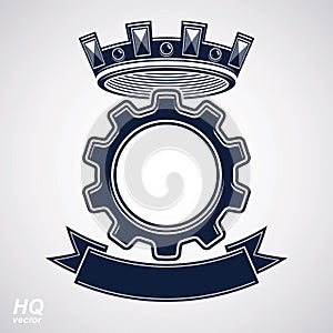 Vector industrial design element, cog wheel with a coronet and black decorative curvy ribbon. High quality manufacturing gear icon