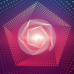 Vector infinite pentagonal twisted tunnel of shining flares on violet background. Glowing points form tunnel sectors.