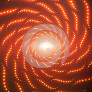 Vector infinite spirals tunnel of shining flares on red background. Glowing points form tunnel sectors.