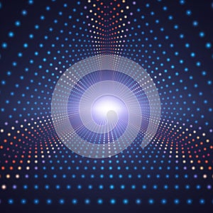 Vector infinite triangular tunnel of colorful circles on dark background. Spheres form tunnel sectors.