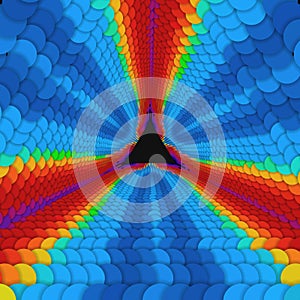 Vector infinite triangular tunnel of colorful circles on dark background. Spheres form tunnel sectors.
