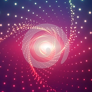 Vector infinite triangular twisted tunnel of shining flares on violet background. Glowing points form tunnel sectors.