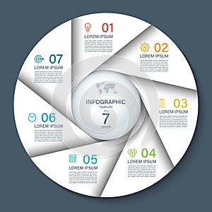 Vector infographic circle. Cycle diagram with 7 steps. White template on dark background.