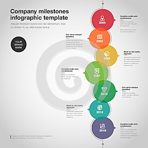 Vector infographic for company milestones timeline template with colorful bubbles