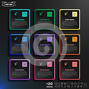 Vector infographic design with colorful squares on the black background.