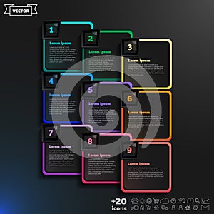 Vector infographic design with colorful squares on the black background.