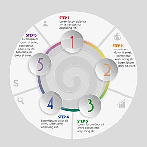 Vector Infographic design template with icons and 5 numbers options or steps. Can be used for process diagram, presentations, work