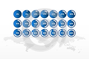 Vector infographic icons with world map. 5 10 15 20 25 30 35 40 45 50 55 60 65 70 75 80 85 90 95 100 0 percent pie charts