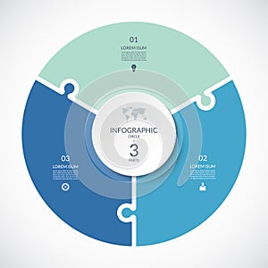 Vector infographic puzzle circular template. Cycle diagram with 3 parts, options.