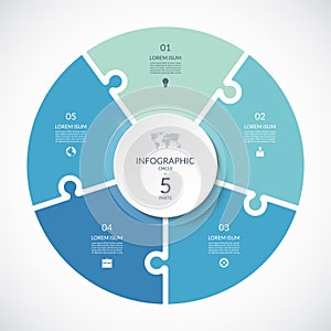 Vector infographic puzzle circular template. Cycle diagram with 5 parts, options.